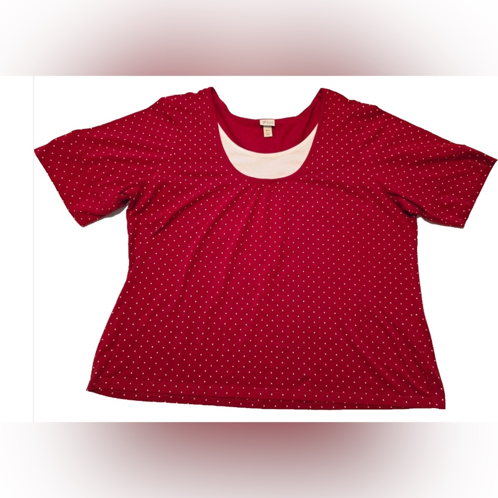 Lane Bryant Ladies + Sz 26/28 Red White Polka Dot ShortSleeve Cotton Stretch Top